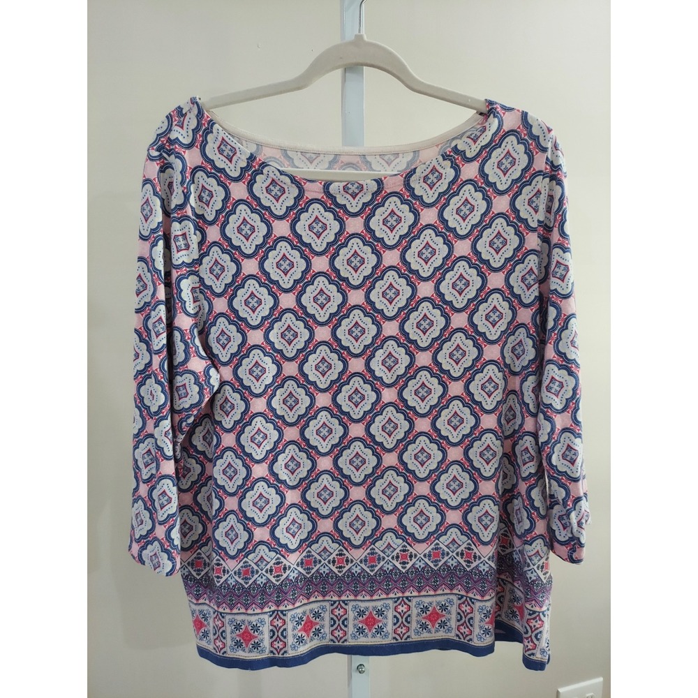 Talbots Petites Pink Blue Medallion Print Boat Neck Top XL P Preppy Coastal